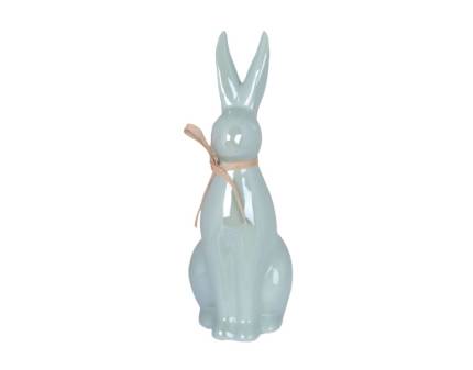 Decoratiune iepuras din portelan albastru cu fundita 9x12x25cm