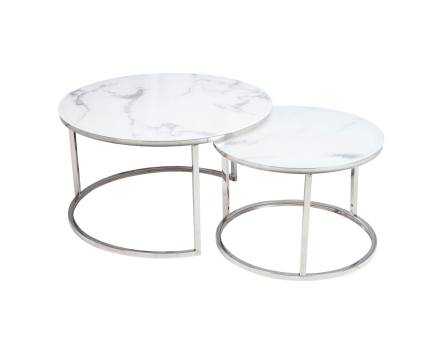 Set 2 masute ATLANTA B din sticla cu efect de marmura alba, metal crom 60xH42cm / 80xH45cm