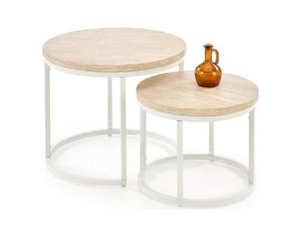 Set 2 masute OREO TRAVERTIN din MDF furniruit travertin, otel vopsit in camp electrostatic alb 53xH45cm / 43xH35cm 