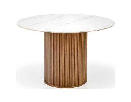 Masa BRUNO din ceramica cu efect de marmura alba, lemn masiv nuc 120xH76.5cm