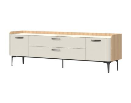 Comoda tv cu 2 usi si 2 sertare AIR 209x63x47cm Pepper White/ stejar Furneo - sticla cu model de marmura Calcatta Oro, cadru, picioare si manere Antracit 