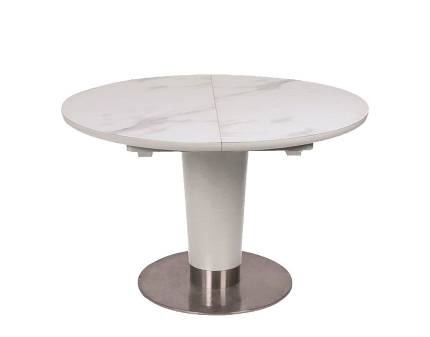 Masa extensibila HELIOS din MDF si sticla cu efect de marmura alba, metal crom 120-160xH76cm