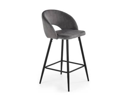 Scaun tapitat pentru bar H96 design rotunjit, catifea grey 49x49xH89cm, picioare negre