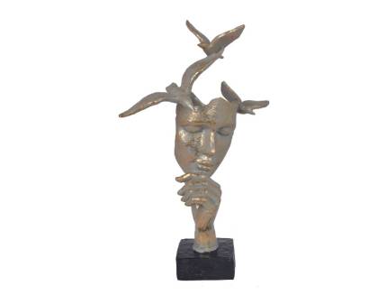 Statueta chip cu mana si pasari gri-auriu din metal  