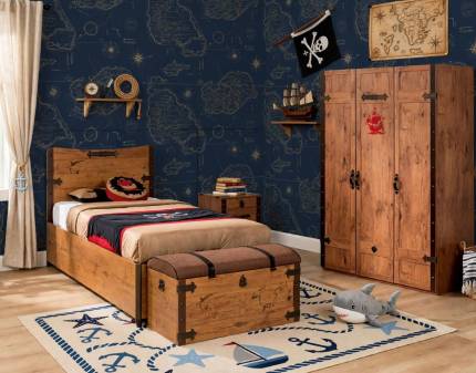 Set dormitor PIRATE dulap cu 3 usi, pat 90x190cm cu lada, noptiera, taburet cufar