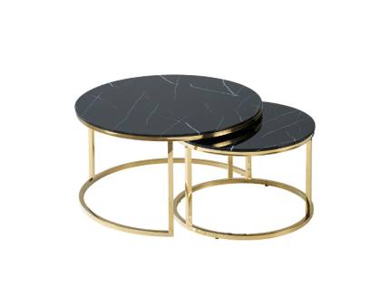 Set 2 masute MUSE BLACK din sticla cu efect de marmura neagra, metal auriu 60xH40cm / 80xH45cm