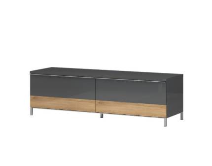 Comoda TV cu 2 sertare ONYX 152x46x45cm antracit lucios/ nuc Pacific, manere si picioare crom