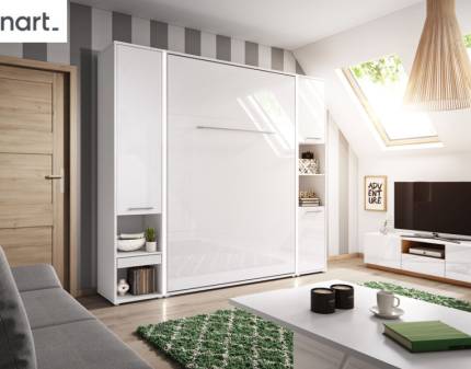 LENART PRO CONCEPT set pat (140x200cm) rabatabil pe perete cu 2 dulapuri 245x46-237x217cm alb alpin/ alb lucios