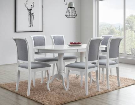 Set 6 scaune tapitate MN-SC design clasic, material textil grey 45x42xH96cm, cadru si picioare din lemn albe