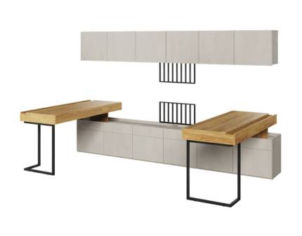 Set 2 birouri mari cu corpuri suspendate TEEN FLEX 06A 300x150x193cm cu 2 comode, suport pentru suspendat TV cu sistem de iluminare LED 